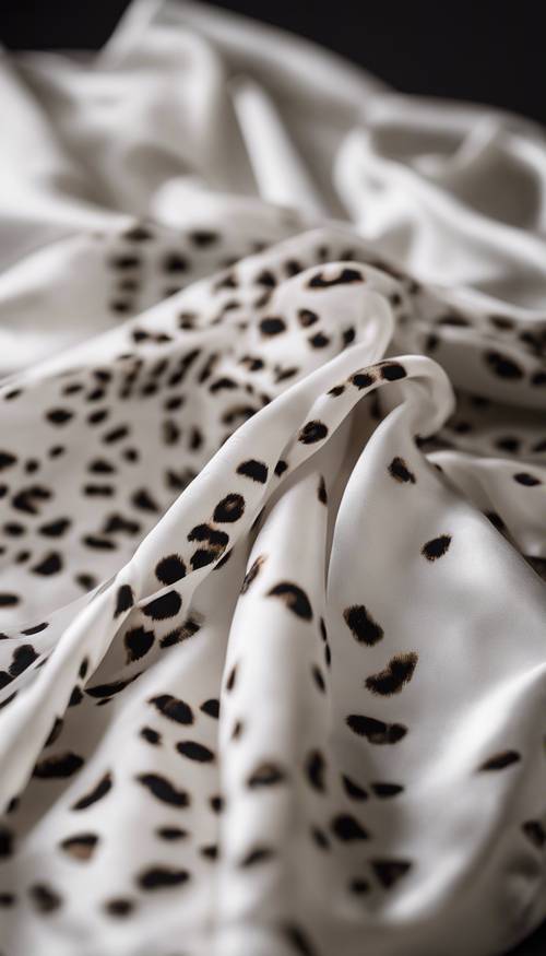 Masanın üzerine zarifçe örtülmüş, güzel ve şık, beyaz leopar desenli ipek eşarp.