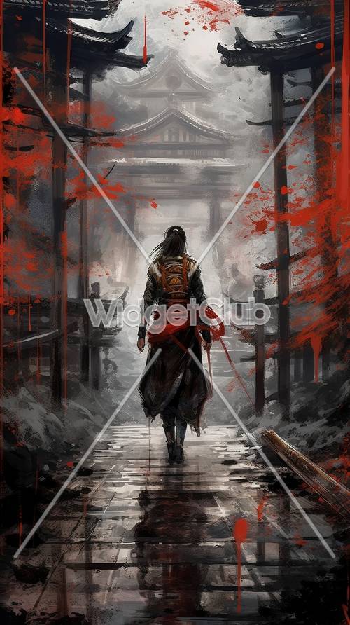 Guerreiro Samurai com lenço vermelho andando em uma cidade misteriosa