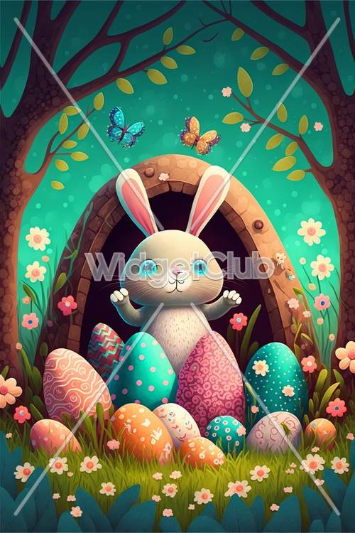 Bunny and Easter Eggs in a Magical Forest