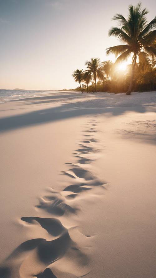 A serene tropical beach during sunset, with palm trees casting long shadows across the white sands.
