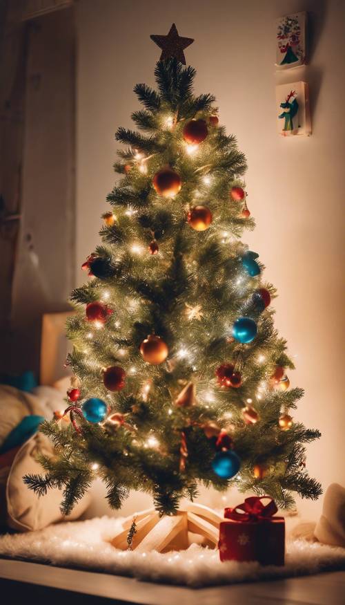 Un piccolo albero di Natale decorato con colori vivaci nella cameretta di un bambino, che proietta luci calde sull&#39;ambiente circostante. Sfondo [a7f825d56f224445ba77]