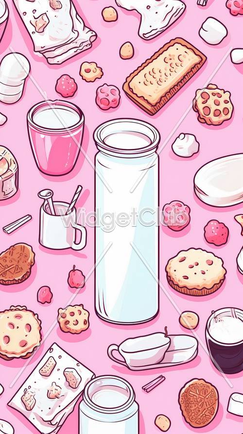 かわいいピンクのキッチンとお菓子のパターン　可愛い壁紙デザイン　女の子におすすめ
