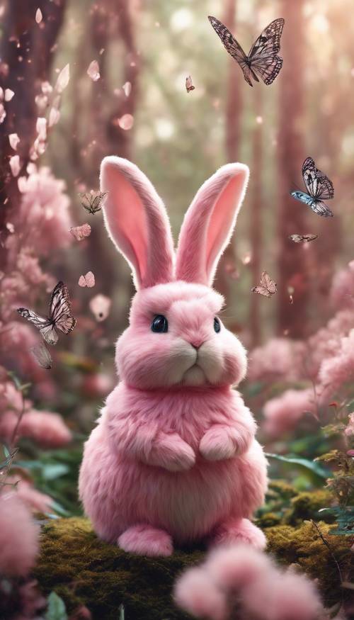 Un lapin rose moelleux dans une forêt fantaisiste entouré de papillons&quot;.