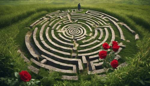 An ancient stone labyrinth path laid out in a tranquil green meadow with a single red rose in the center.