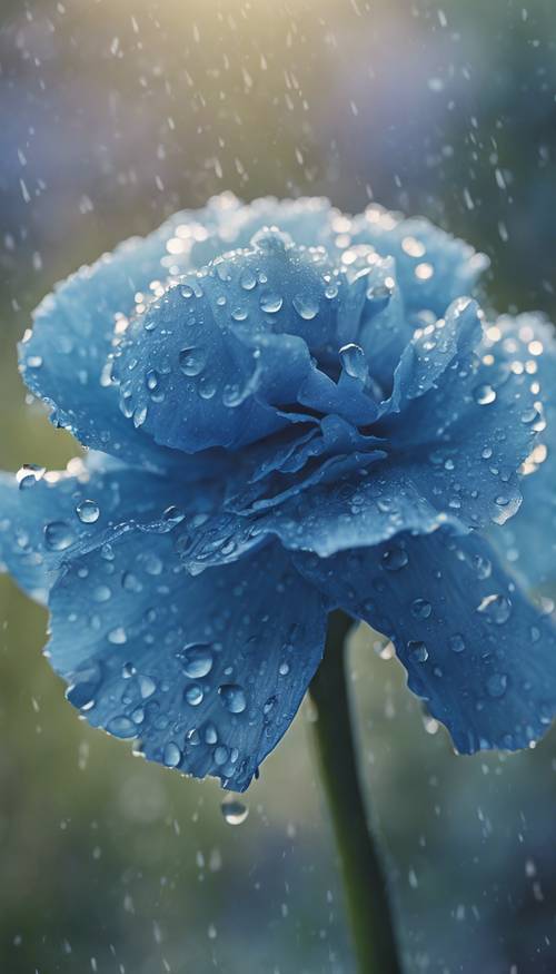 Une fleur d&#39;œillet bleu doucement embrassée par les gouttes de rosée du matin.