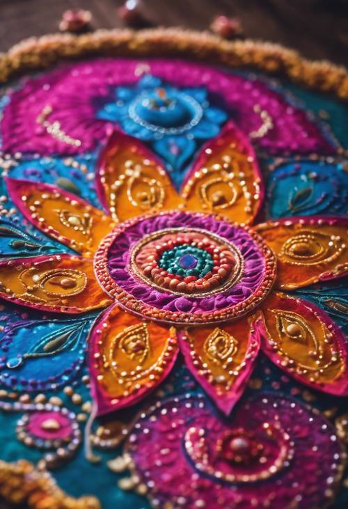 Diwali sırasında toz pigmentlerle yapılan bir Rangoli tasarımının canlı renkleri.