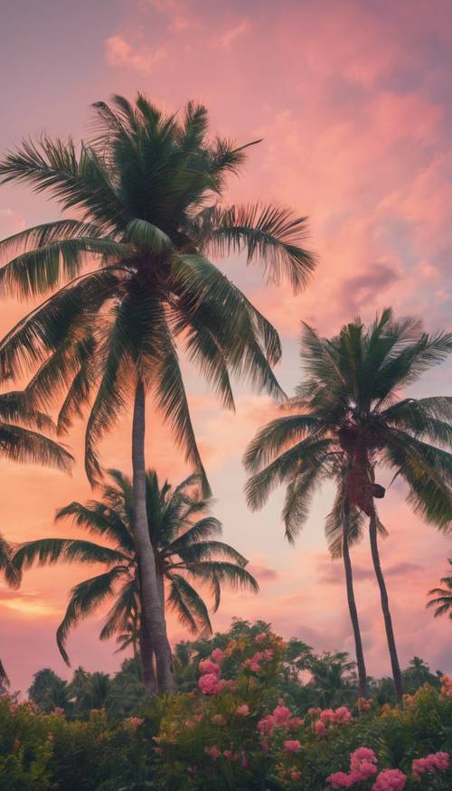 Un paisaje tropical con exuberantes palmeras verdes y flores vivas contra un cielo de atardecer en colores pastel.