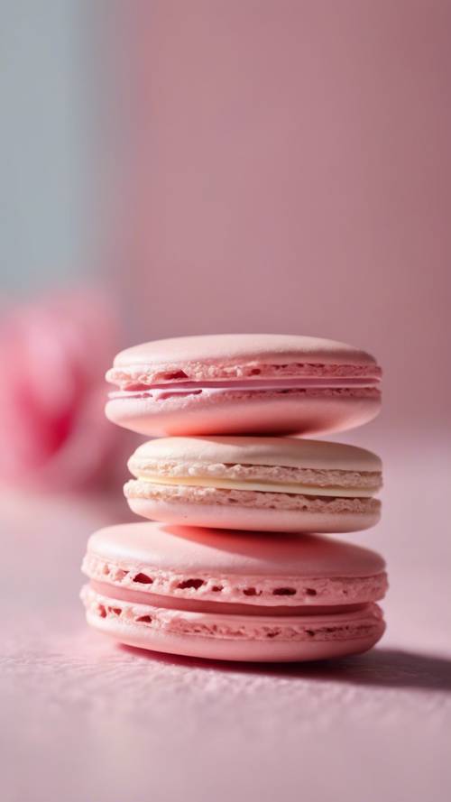 Side view of a pastel pink, rose-flavored macaron with visible cream layer in the middle.
