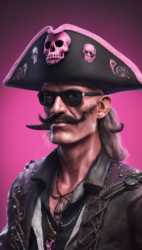Uma ilustração de desenho animado de um pirata ousado com uma caveira rosa e preta em seu chapéu.