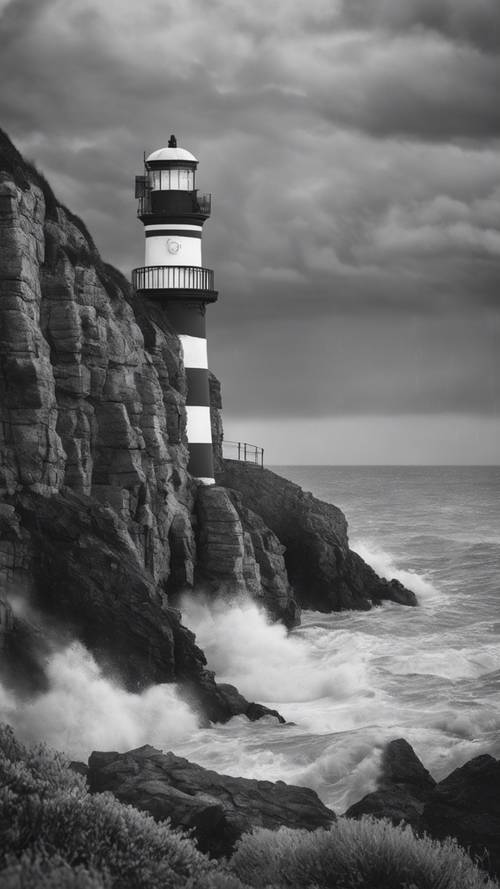 A black and white striped lighthouse on a stormy seaside cliff.