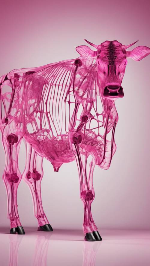 X-ray image of a pink cow featuring its unique skeletal structure.
