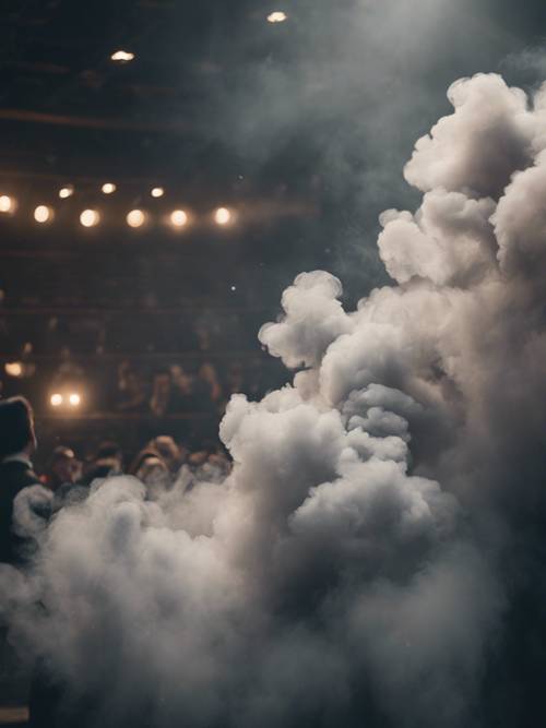 Loş ışıklı, kasvetli sahnede yumuşak gri bir duman süzülüyor.