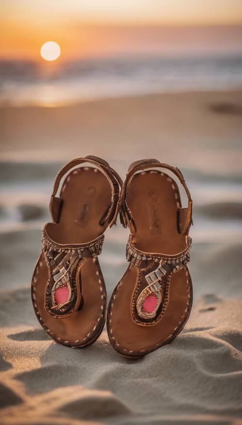 Sepasang sandal kulit bergaya Boho di pantai saat matahari terbenam.