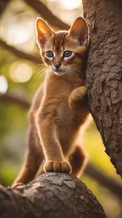 여름 저녁의 황금빛 아래 우뚝 솟은 참나무를 용감하게 오르는 용감한 아비시니안 새끼 고양이.