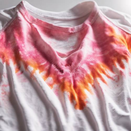A pink and orange tie-dye heart on a white T-shirt.