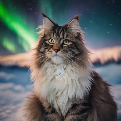 Eine Norwegische Waldkatze sitzt ruhig unter dem Nordlicht und ihre Augen reflektieren die tanzenden Lichter.