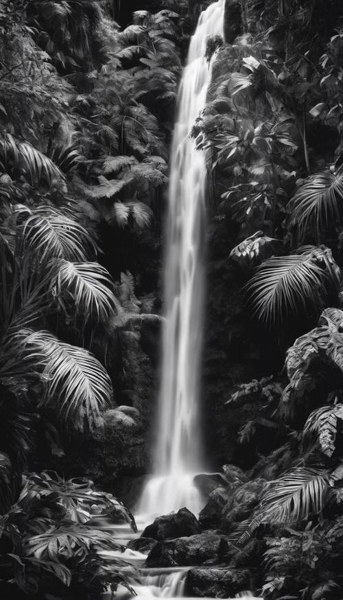 Stunning black and white image of a tropical waterfall surrounded by dense foliage.