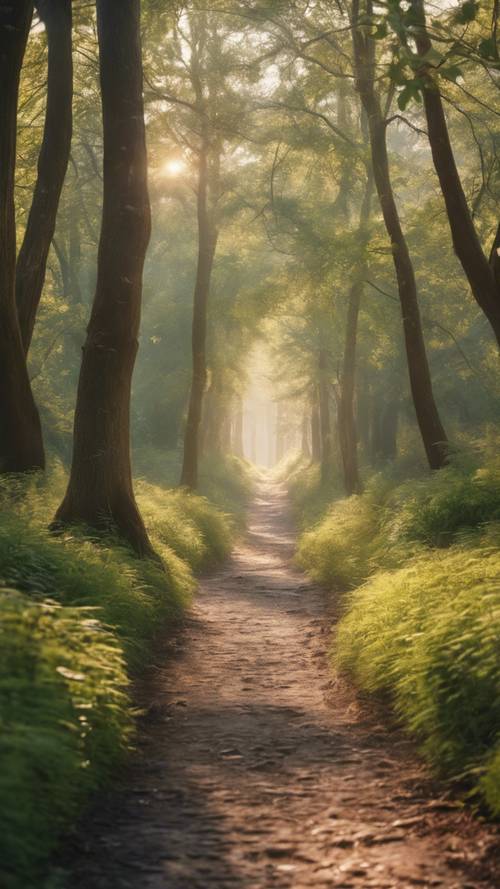 A dreamy forest path bathed in soft, warm morning light, leading toward a distant, hidden, magical city.