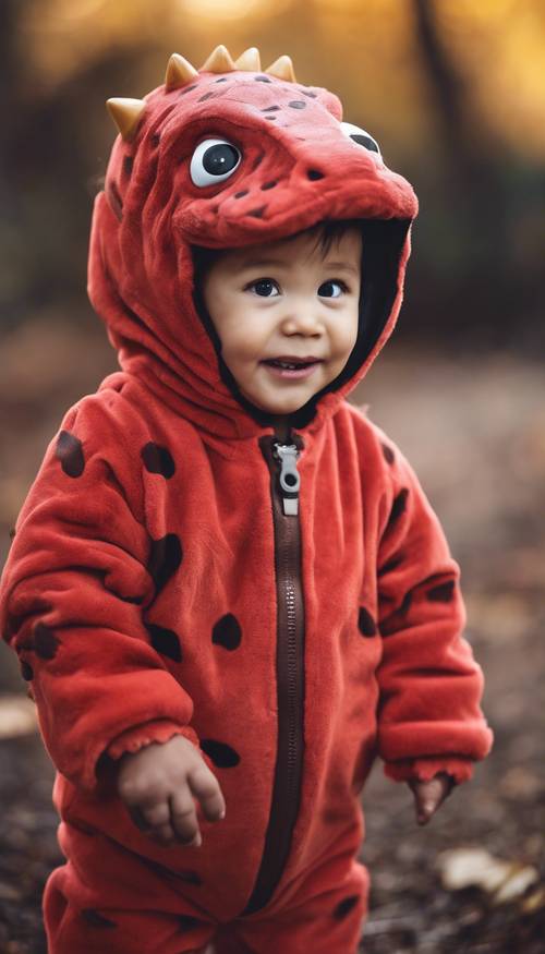 A red toddler dressed up in a cute dinosaur costume for Halloween.