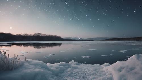 A calm ice-covered lake shimmering in the pale moonlight, carrying the phrase 'Believe in yourself, take on your challenges, dig deep within yourself to conquer fears. Never let anyone bring you down. You got this'..