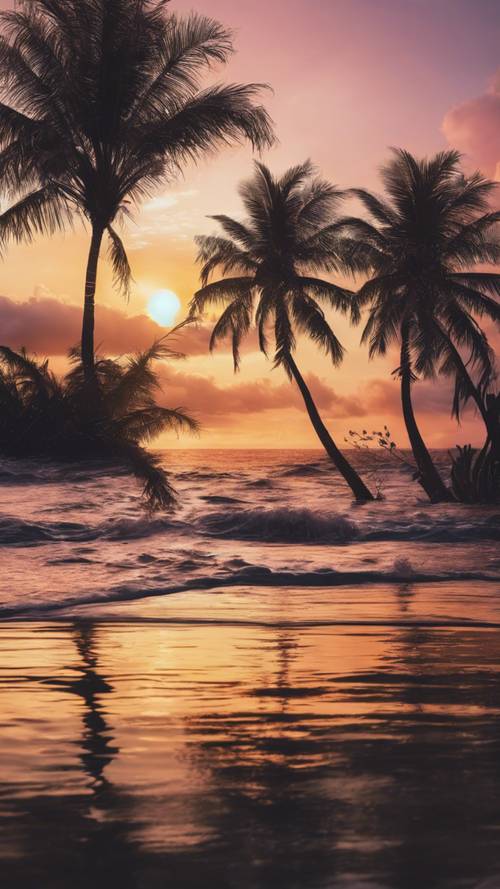 A beautiful sunset over the ocean with a silhouette of a palm tree.