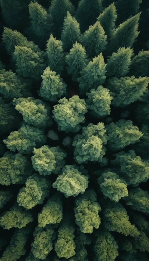 짙은 녹색 숲 캐노피의 상세한 오버헤드 뷰.