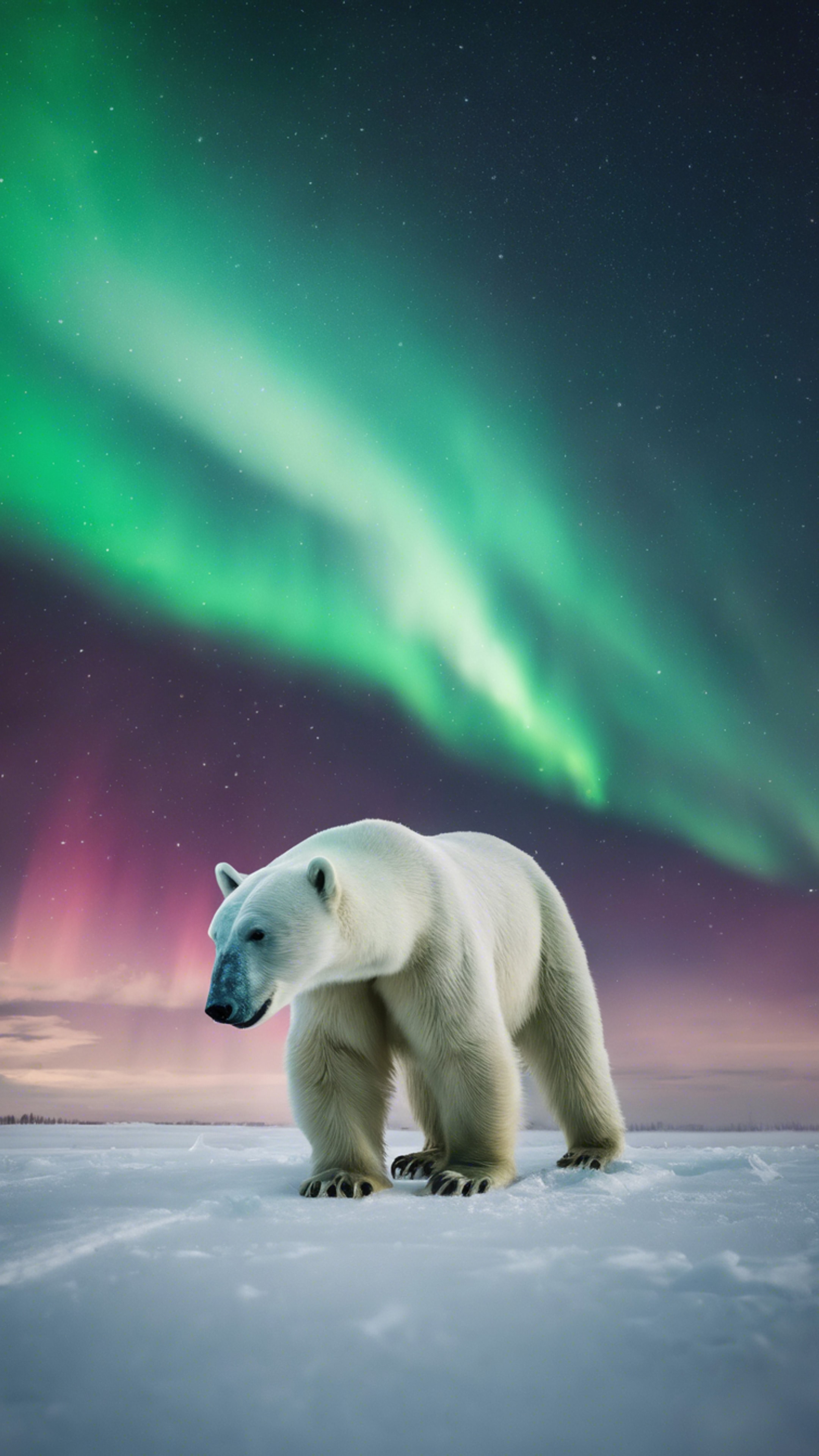 A lone polar bear venturing through the snow under the fascinating dance of the Northern Lights in the sky