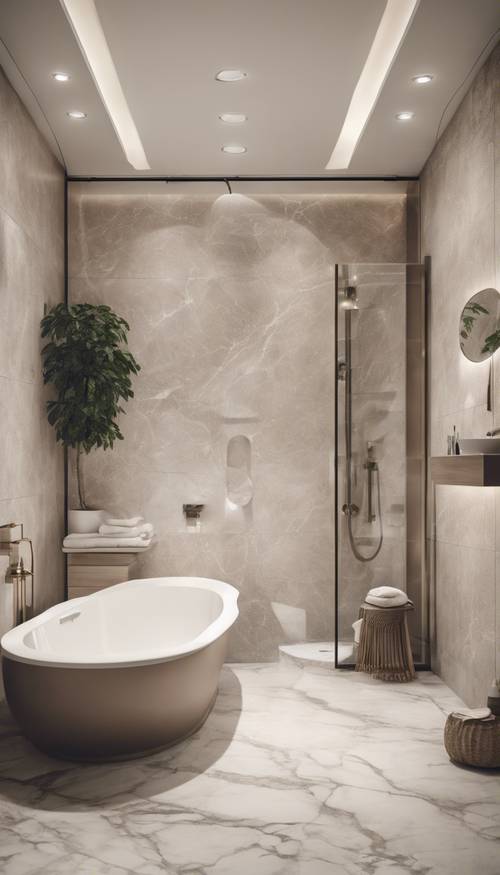 Bağımsız küvet, duşakabin ve mermer zeminlerle donatılmış, nötr tonlarda modern bir banyo.