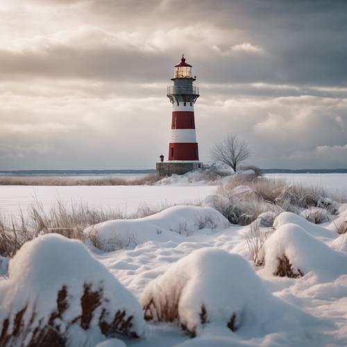 A lighthouse standing tall amidst a buffet of snow.