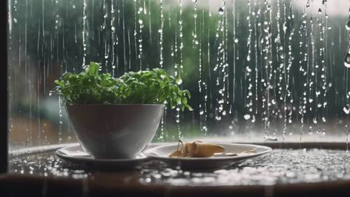 Em uma chuva suave, citações estéticas aparecem como gotas de chuva na janela.