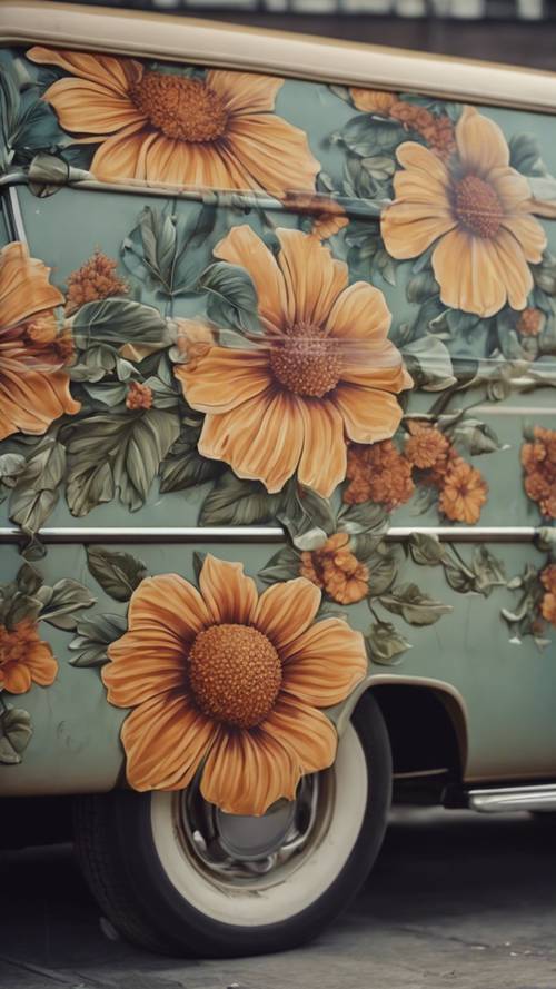 复古面包车侧面的经典 70 年代花卉图案