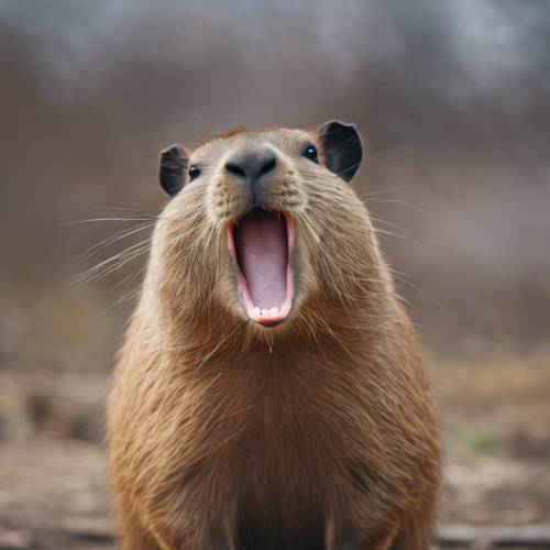 Un capibara nel bel mezzo di uno sbadiglio, che mostra i suoi denti aguzzi e le mascelle muscolose.