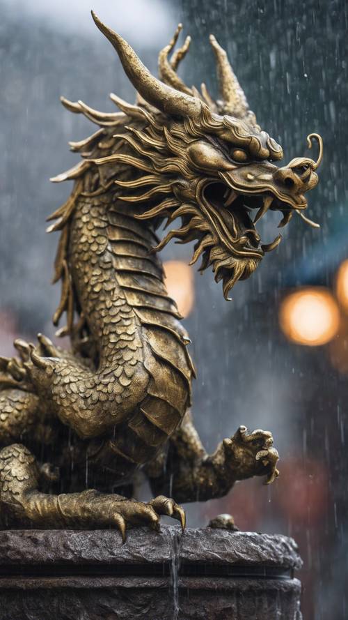 A bronze statue of a Japanese dragon in the rain.