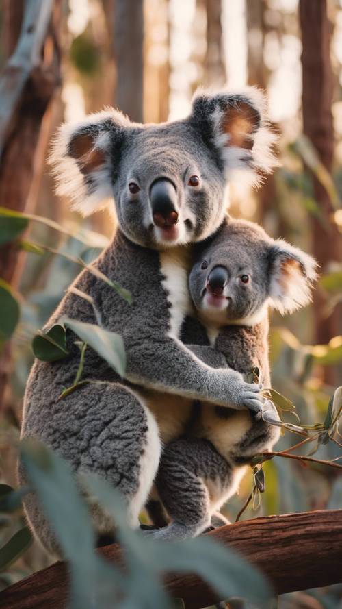 A koala mother carrying her little joey on her back while foraging for food in a forest of eucalyptus trees at sunrise.