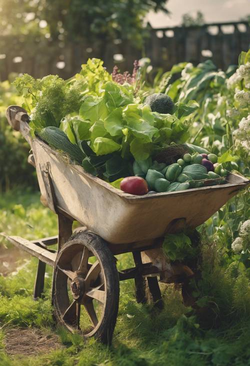 A rustic wheelbarrow in an overgrown garden filled with a bountiful harvest of fresh spring produce.