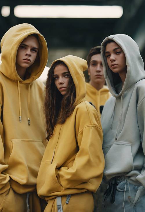 Sekelompok remaja era Y2K mengenakan hoodie longgar berwarna kuning dan celana kargo.