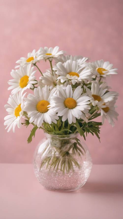 A bouquet of snow-white daisies in a crystal clear glass vase against a pastel pink backdrop.