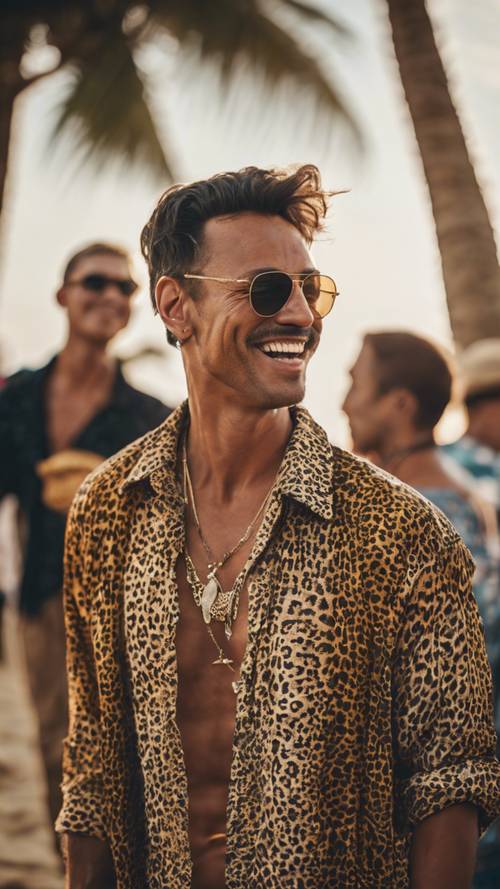 رجل يرتدي قميصًا جريئًا بطبعة الفهد يحتفل في مهرجان الشاطئ الاستوائي.