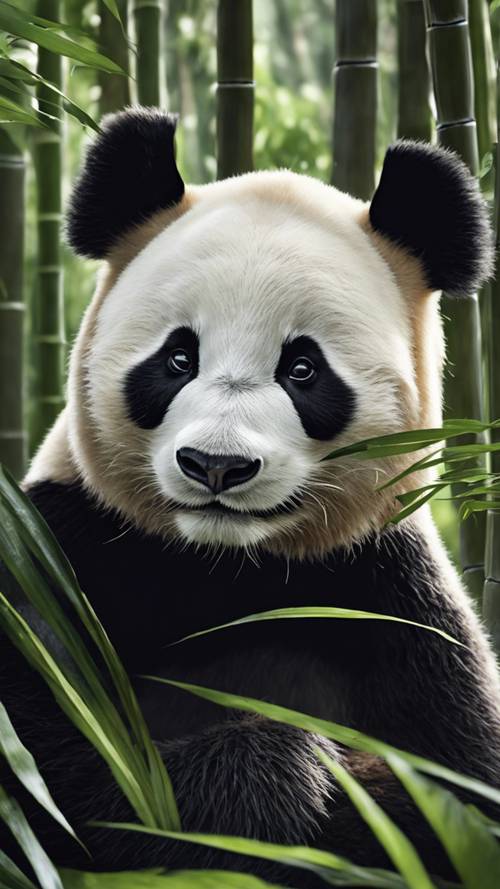 A close-up of a panda's face, showing off its unique black-and-white facial markings, with bamboo leaves in the background.