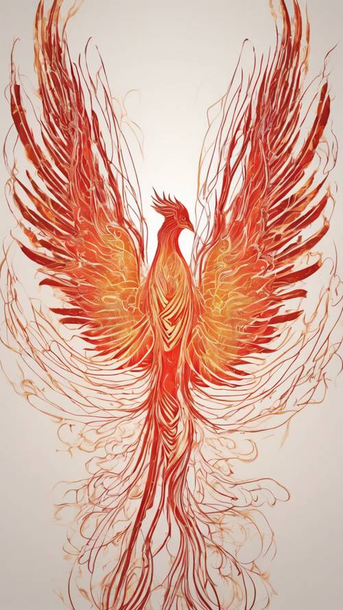 Garis abstrak burung phoenix yang muncul, dibuat dari garis dan kurva merah berwarna api.