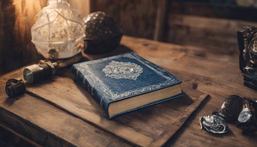Un vieux livre avec couverture damassé marine, posé sur une table en bois.