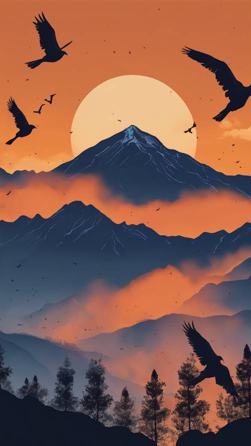 Blue Mountain range silhouette against a bright orange sunrise with birds soaring overhead.