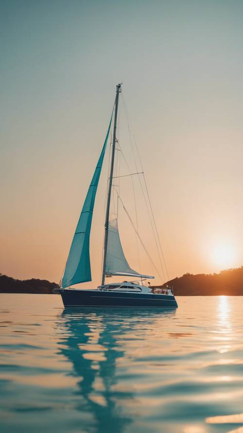 A preppy blue yacht sailing calmly on clear aquamarine waters at sunset.