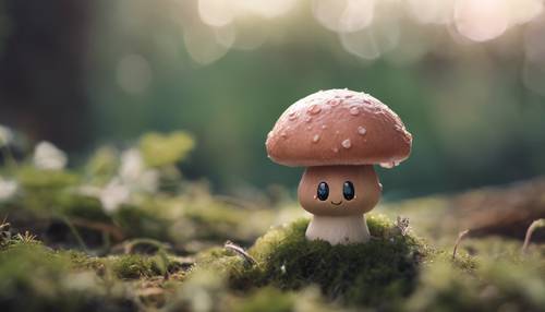 A photorealistic image of a mushroom turned kawaii, with blushes on its cheeks and wearing a small bow tie. Tapet [0129e38e24bf46ee8adf]