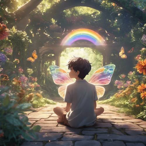 An innocent anime boy with rainbow wings gazing at a butterfly in a hidden garden.