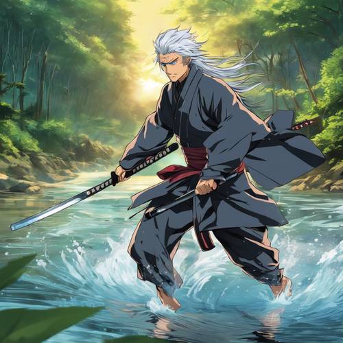 Seorang ninja berambut perak dengan katana bercahaya, berlari melintasi sungai yang tenang, bergaya anime.