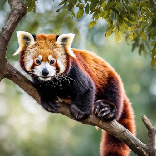 Czerwona panda z wyrazem zdziwienia wisi na gałęzi drzewa.