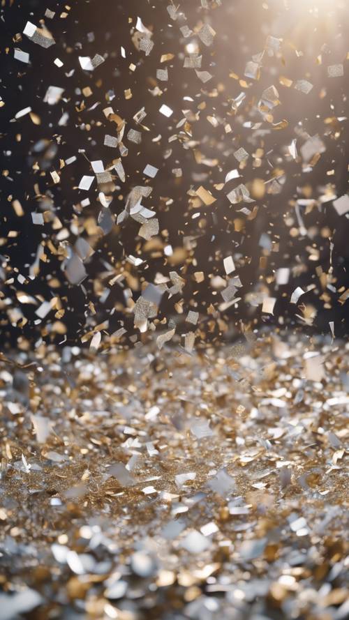 A scene of a celebration with silver Y2K inspired confetti falling down.