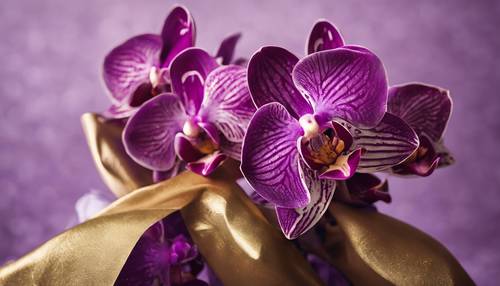 Buket bunga anggrek ungu dibungkus kertas emas.