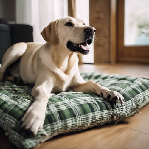 Un labrador retriever che mastica giocosamente un cuscino a quadri verde salvia su un pavimento di legno.